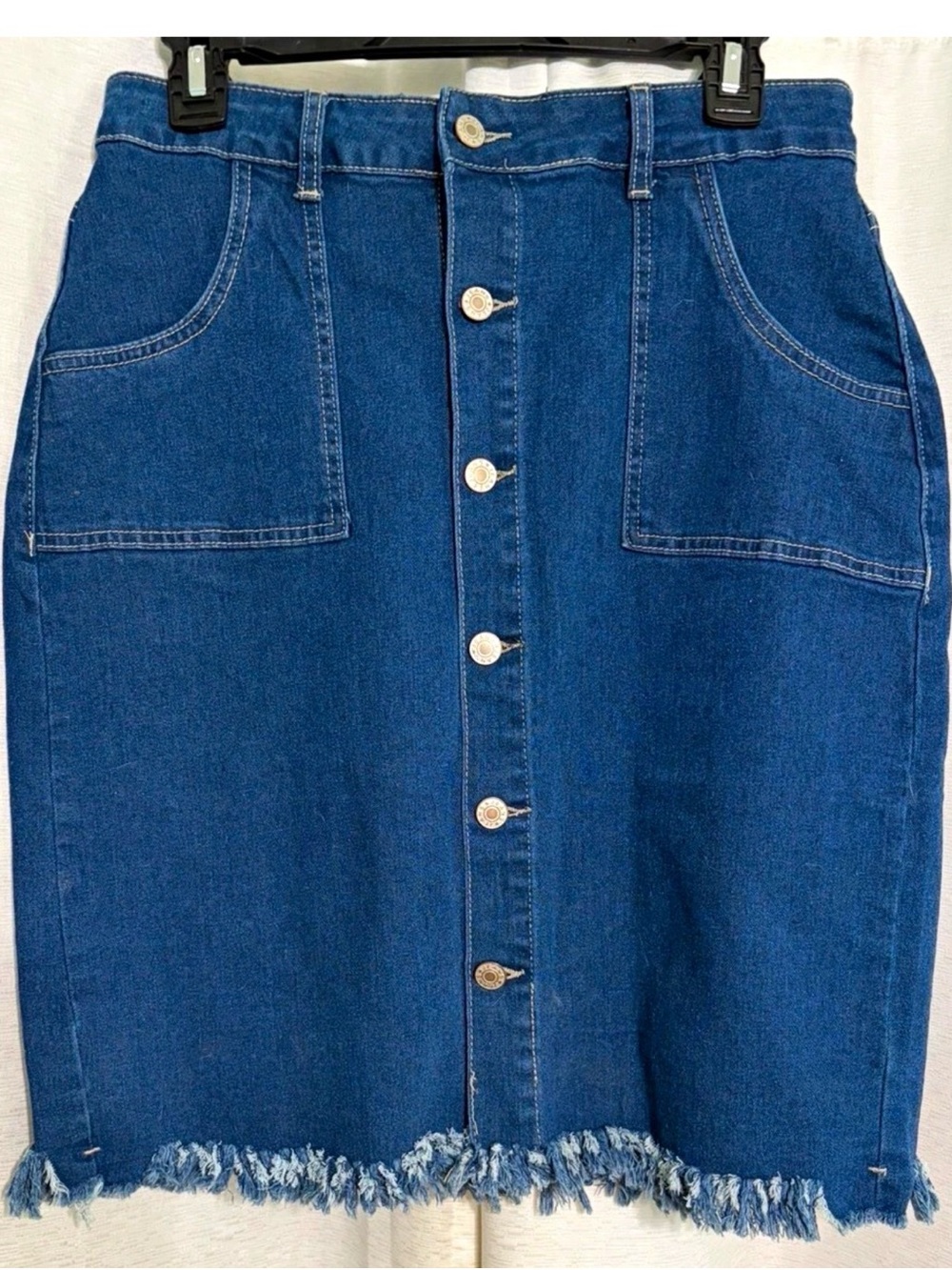 Button-Front Midi Denim Skirt in Blue with Frayed Hem